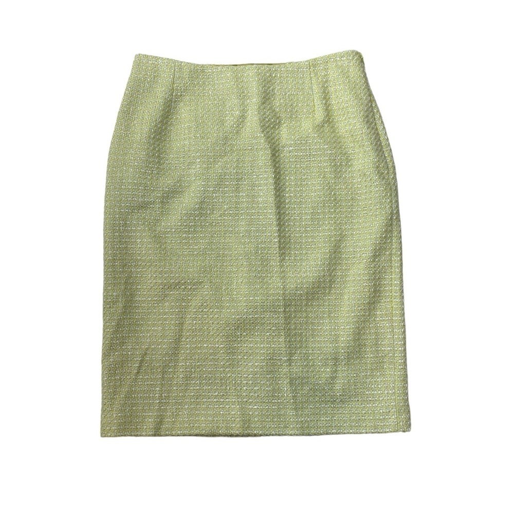 Carmen Marc Valvo Green Tweed Boucle Linen Silk Skirt Button Fringe size 28